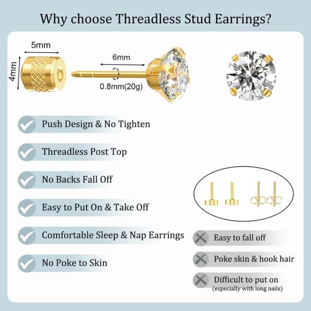 Titanium Earrings Push-In Threadless Flat Back St… - image 2